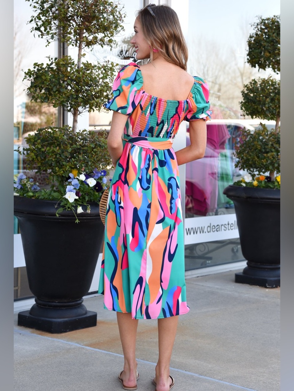 Sunday Up Multicolor Abstract Midi Dress Size Large Puff Sleeve Summer Tea Dress - Picture 3 of 15
